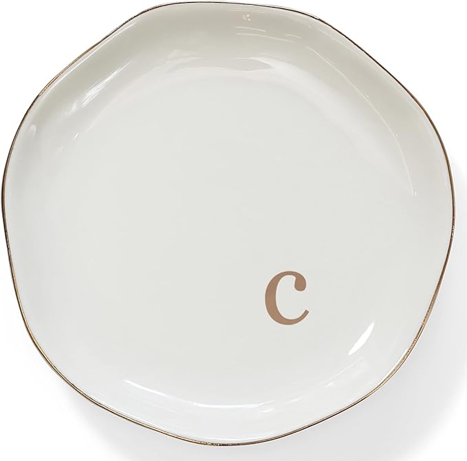 HOME SMILE Initials Ring Holder Jewery Tray with Personalized C-Monogrammed Engagement Wedding Gifts for Friends,Sister,Birthday Christmas Gifts for Women,Ceramic White