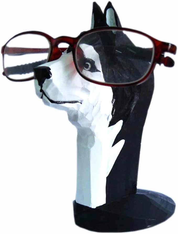 Red Dollar Handmade Wood Carved Animal Eyeglass Holder, Cute Sunglasses Display Stand, Nightstand Home Office Desk Decor, Christmas Holiday New Year Business Gift for Men Women Adults (Husky)