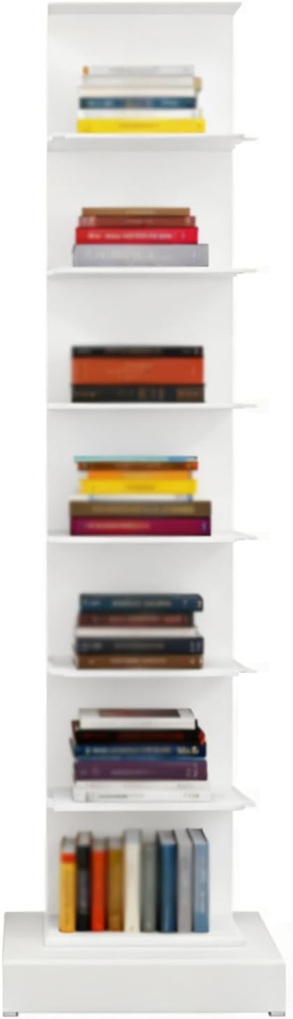 Invisible Vertical Spine Bookshelf Tower,Tall Narrow Metal Bookshelf for Small Space,Corner Floor Standing Book Organizers for Living Room, Office, Entryway(7 Tier, White)