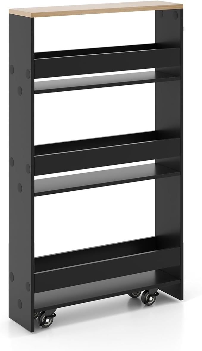 Slim Rolling Storage Cart, 4 Tier Narrow Kitchen Cart with Wheels, Between Washer and Dryer Cart, Wood Shelving Unit Organizer w/Handle for Small Spaces (Black, 5-Inch)