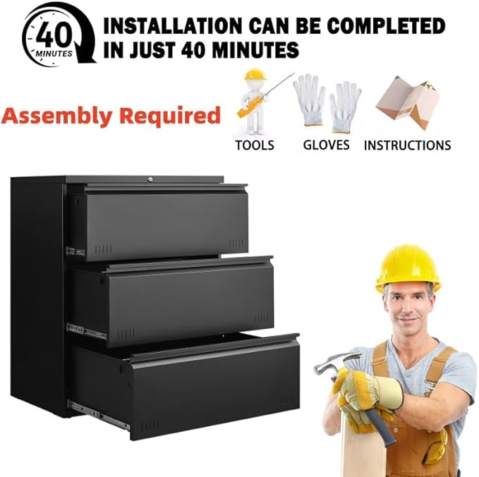 Metal File Cabinet with Lock, 3 Drawer Lateral File Cabinets for Home Office, Heavy Duty Office Storage Cabinet for A4/Letter/Legal Size, Assembly Required(Black)