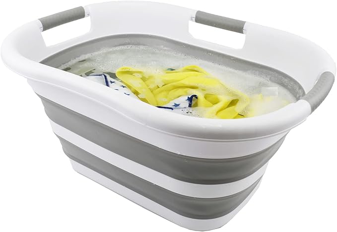 SAMMART 30L (7.9 gallon) Collapsible Plastic Laundry Basket - Foldable Pop Up Storage Container/Organizer - Portable Washing Tub - Space Saving Hamper/Basket (1, White/Grey)