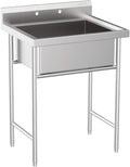 VINGLI Upgraded 28" Free Standing 304 Stainless Steel Utility Sinks for Laundry Room with Backsplash, Industrial Garage Sink Commercial Sink for Restaurant, Workshop – 28" W x 24" D x 40.2" H