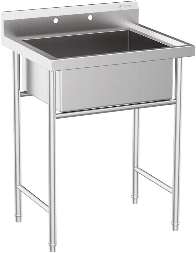 VINGLI Upgraded 28" Free Standing 304 Stainless Steel Utility Sinks for Laundry Room with Backsplash, Industrial Garage Sink Commercial Sink for Restaurant, Workshop – 28" W x 24" D x 40.2" H