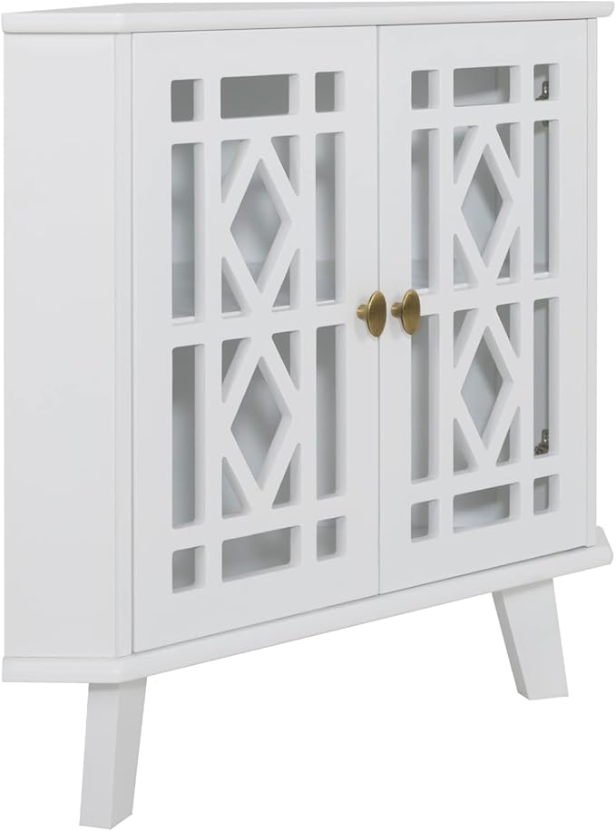 Scurrty 32'' Corner Shelf Stand, Small Corner Table Sideboard Cabinet with 2 Doors and 2-Tier Shelves, Free-Standing Storage Organizer for Living Room, Dining Room & Bathroom (White)