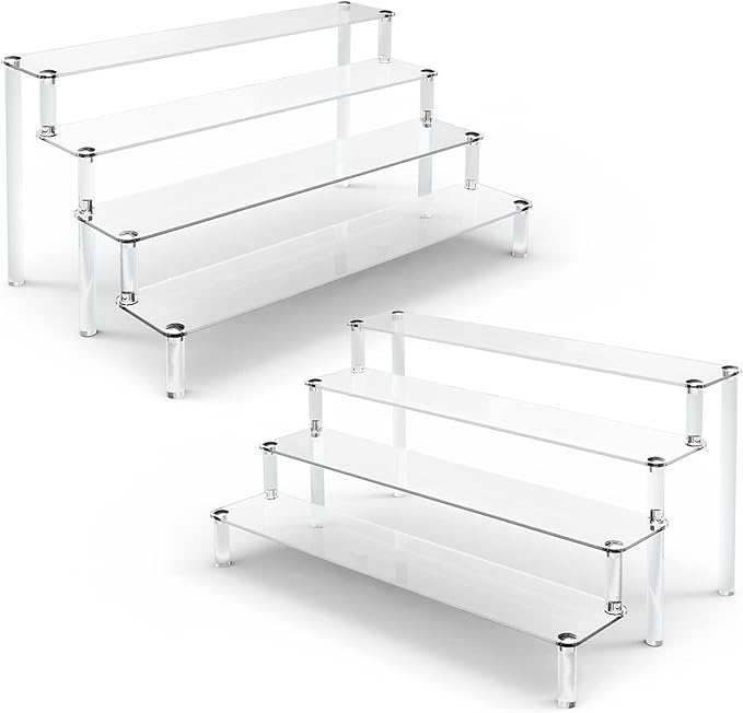 ULENDIS 2 Pack 4 Tier Clear Acrylic Display Risers Stand Shelf, Acrylic Stands for Display for Collectibles Cupcakes Perfumes Jewel, Tabletop Cupcake Stand for Decorating & Organizing