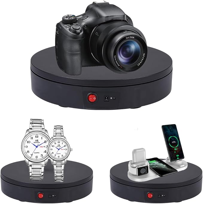 JAYEGT Motorized Rotating Display Stand ,330 Lbs Load ，360 Degree Electric Rotating Photography Turntable For Products Display，Video Show, Live Show，Remote Control+5 Colors Backgrounds (Black / 11.8inch / Rechargeable)