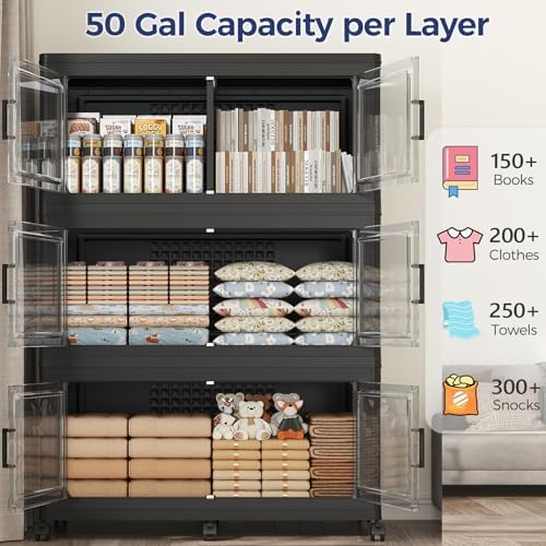 150Gal Stackable Storage Bins with Lid, 600Qt Extra Large Collapsible Storage Box with Wheels, Dividers, Folding Plastic Cabinet Closet Organizers for Home Kitchen Office Dorm, 3Pack Black