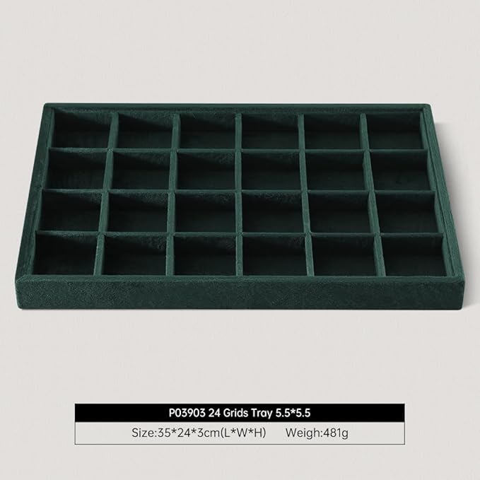 Velvet Stackable Jewelry Display Tray, 24 Grid Earring Ring Storage Tray, Drawer Divider Jewelry Accessories Organizer Plate (Green)
