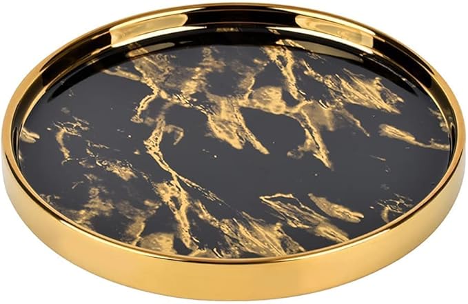 Small Round Black Decorative Tray – Marble Look Jewelry Dish, Perfume Organizer, Makeup Vanity Tray for Dresser, Counter, or Bedroom