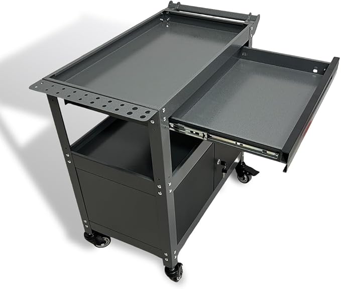 3 Tier Steel Rolling Cart for Tool Organizer, Industrial Grade Utility Service Carts with Drawer & Storage Lockable Cabinet, for Workshop Repair Shop Garage