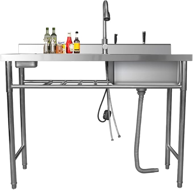 304 Stainless Steel Utility Sink with Faucet – Free Standing Single Bowl Left Kitchen Sink with Workbench & Small storage box, Hot/Cold Water Pipes for Laundry, Farmhouse & Outdoor Use 39“