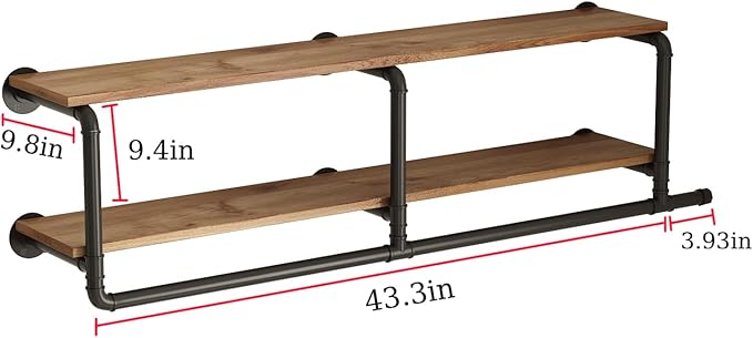 ORSENIGO Industrial Pipe Clothing Rack with Shelves, Black Wall Mounted Clothes Rack Heavy Duty Display Garment Rack for Home Retail