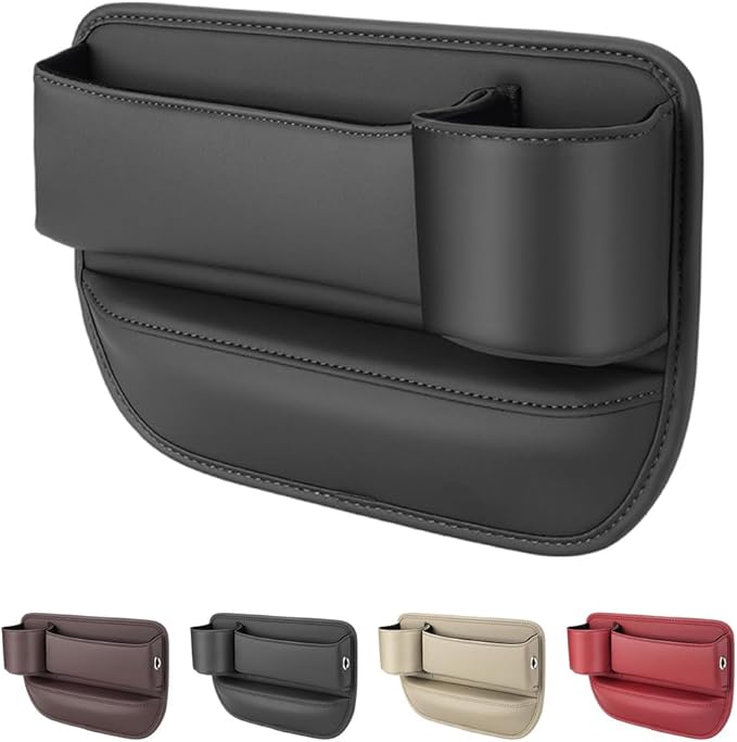 Car Leather Cup Holder Gap Bag,2025 Upgrade Car Storage Box with Cup Holder,Seat Storage Box Gap Filler Organizer for Glasses Phone Keys and Cards (Black, Passenger Seat)