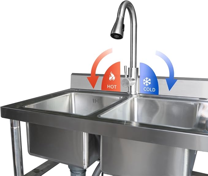 Qian Kun Free Standing 304 Stainless Steel Utility Sink with Pull Down Sprayer & Drain Pipe | NSF Certified Outdoor/Commercial Kitchen Sink (47.2 Doble Bowl Right)