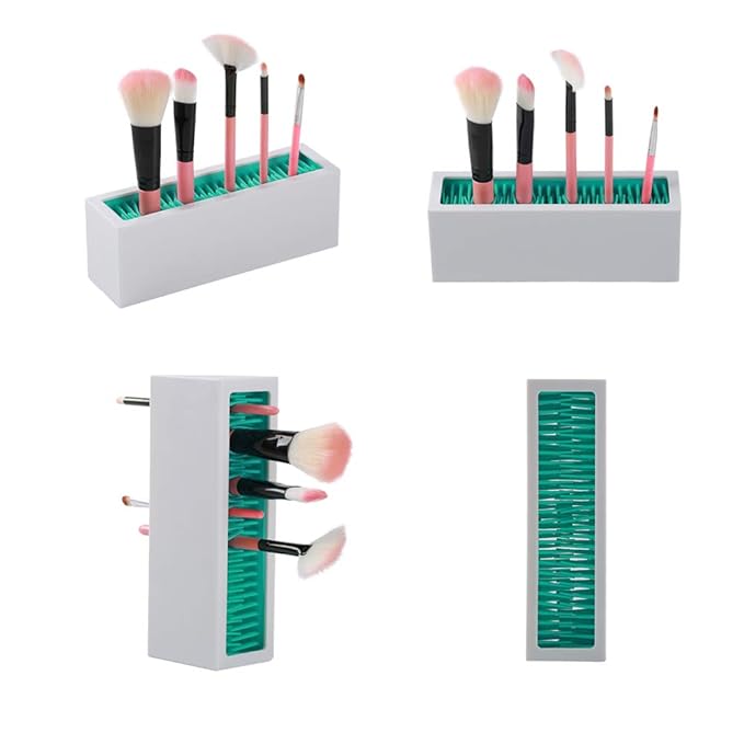 Makeup Brushes Holder Organizer, Silicone Vanity Air Drying Rack Display Storage for Brush, Eyeliners and More, Practical Cosmetic Tools Container (Blue-White)