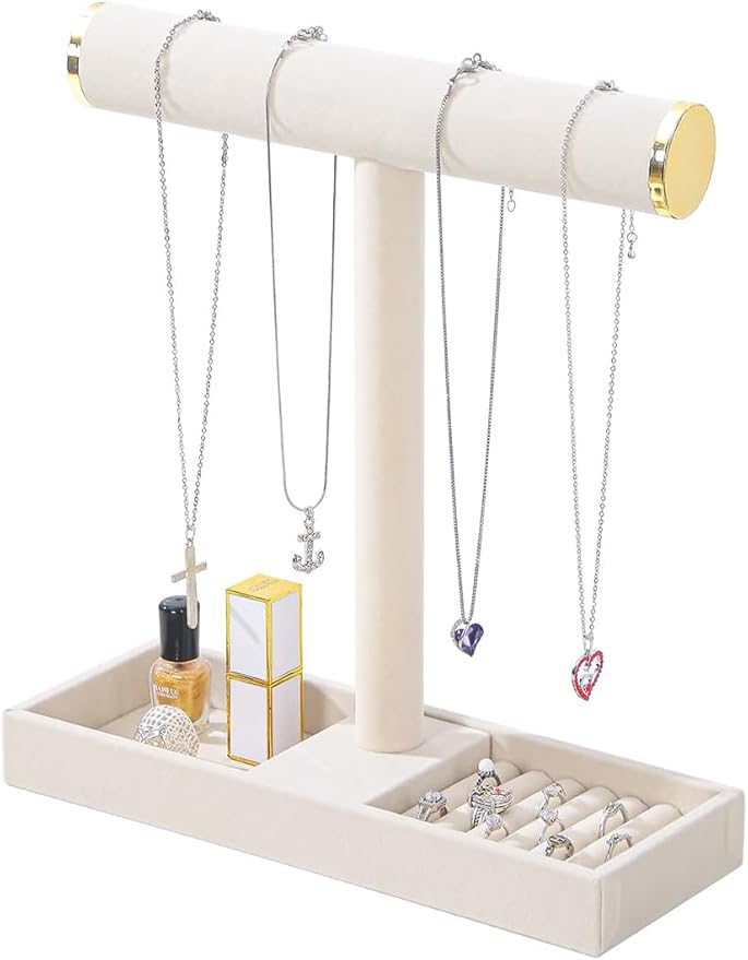 Multi-Use Jewelry Holder Stand, Necklace Bracelet Ring Organizer Stand, Scrunchie Watches Velvet Jewelry Holder Stand With Tray for Women Girls Home Use(Beige with Lid)