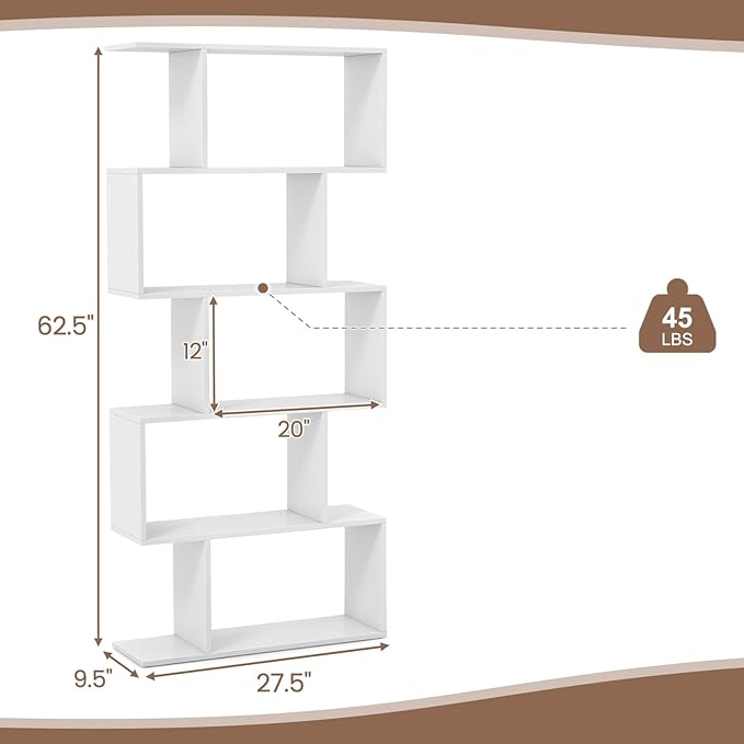 5-Tier Geometric Bookcase, 62.5” Freestanding Room Divider Bookshelf with Open Display Shelves & Anti-tip Device, Wood S-Shaped Storage Organizer for Living Room, Bedroom, Study & Home Office