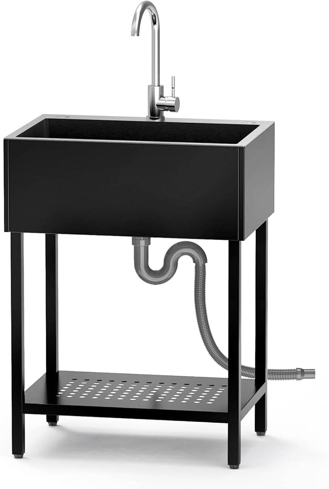 26" Freestanding Stainless Steel Utility Sink, Single Bowl Kitchen Sinks w/Storage Shelve, Black Heavy Duty Sinks with Cold & Hot Water Pipe for Commercial Laundry Room Farmhouse, 12-Gallon Basin