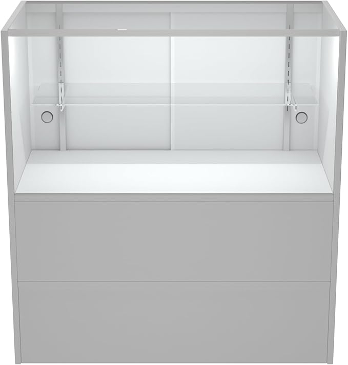 WISDOMFUR 48” Display Showcase with LED Lighting – White Melamine Finish, Adjustable Glass Shelf, Locking Sliding Doors – 4ft Retail Display Cabinet for Stores & Exhibits