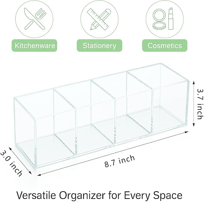 Clear Acrylic 4-Compartment Organizer Box, Large (8.7" × 3.0" × 3.7") – Handcrafted, Eco-Friendly, Minimal Packaging Home Storage Organizer