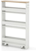 MAT EXPERT Slim Rolling Storage Cart, 4-Tier Freestanding Slim Storage Cart with Wheels 360 Degree & Metal Handle, Wooden Utility Cart for Narrow Kitchen, Laundry Room, Bathroom (White + Natural)