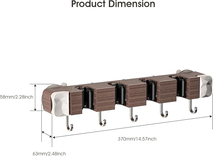 Suction Cup No Drilling Broom Holder Wall Mount, Walnut Color Mop Organizer Wall Hanging, 4 Racks 5 Hooks Tool Organizer Hanger Self Adhesive for Home, Garage, Garden, Laundry, Kitchen