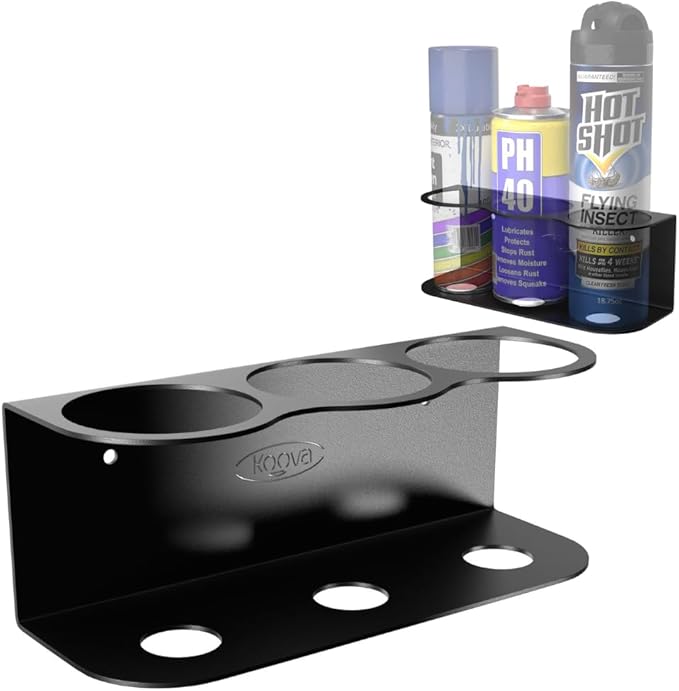 Koova X-Large Spray Can Rack - Fits 3 XL Aerosol Spray Cans, Heavy Duty Steel Wall Mount Organizer, Metal Utility Shelf for Home or Garage, Universal Fit, Paint Storage, Hardware Included, Made in USA