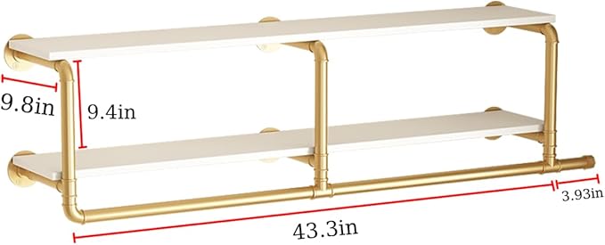ORSENIGO Industrial Pipe Clothing Rack with Shelves, Gold Wall Mounted Clothes Rack Heavy Duty Display Garment Rack for Home Retail