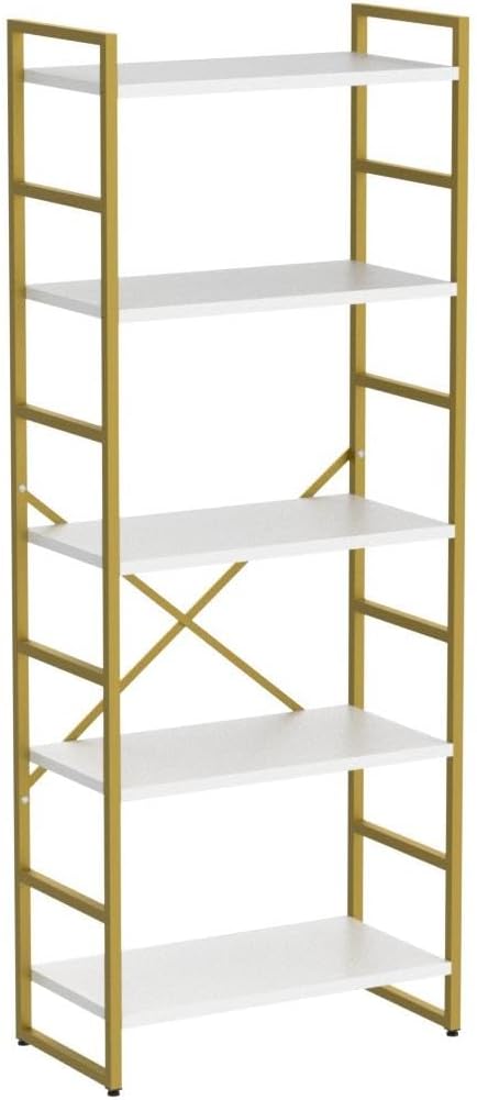 Vongrasig 5 Tier Bookshelf, Modern Tall Bookcase, Industrial Book Shelves Display Standing Shelf, Free Standing Storage Organizer for Bedroom, Living Room, White+Gold