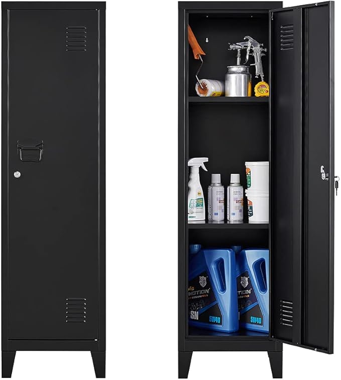 Metal Cabinet, 47" H Home Office Storage Lockers, Vertical Steel Storage Cabinet with Locking Door and 2 Adjustable Shelves, Small Metal Locker Cabinets (1 Door, Black)