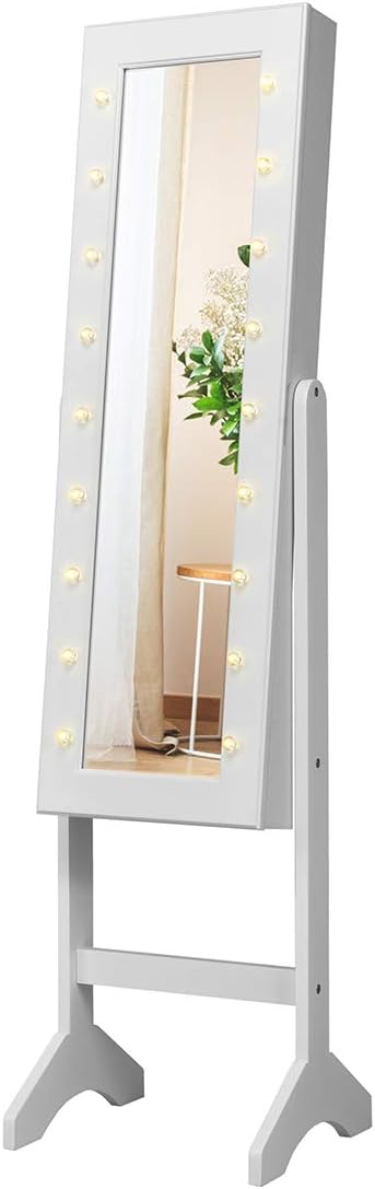 Giantex Standing Jewelry Armoire with 18 LED Lights Around the Door, Large Storage Mirrored Jewelry Cabinet with Full Length Mirror, 16 Lipstick Holders, 1 Inside Makeup Mirror (White)
