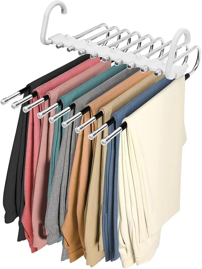 2Pack 9 Layers Foldable Pants Hangers Space Saving Trouser Hanger Multifunctional Trouser Rack Hanger Hanging Hole for Wardrobe Trousers Scarf Jeans (White)