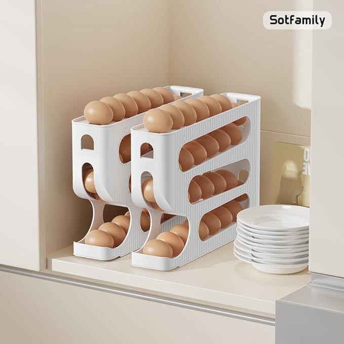 Egg Holder for Fridge, Automatic Rolling Egg Dispenser for Refrigerator, Countertop, Kitchen - Space-saving Egg Roller/Organizer/Storage/Container/Tray for Fridge - 2 Packs for 56 Large Size Eggs