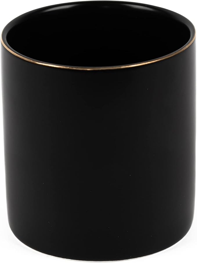 HANKOR Ceramic Pencil Holder for Desk - Cute Gold Trim Pen Aesthetic Makeup Brush Cup Holder Organizer for Desktop Storage Stationery Office Home Supplies, Black