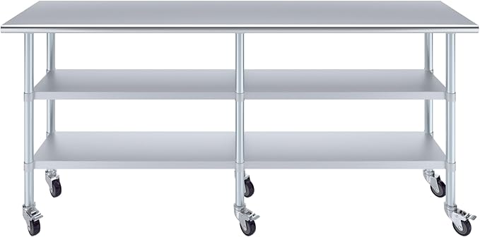 AmGood Stainless Steel Work Table with 2 Shelves and Casters | Metal Utility Table On Wheels (Stainless Steel Work Table with 2 Shelves + Casters, 84" Long x 18" Deep)