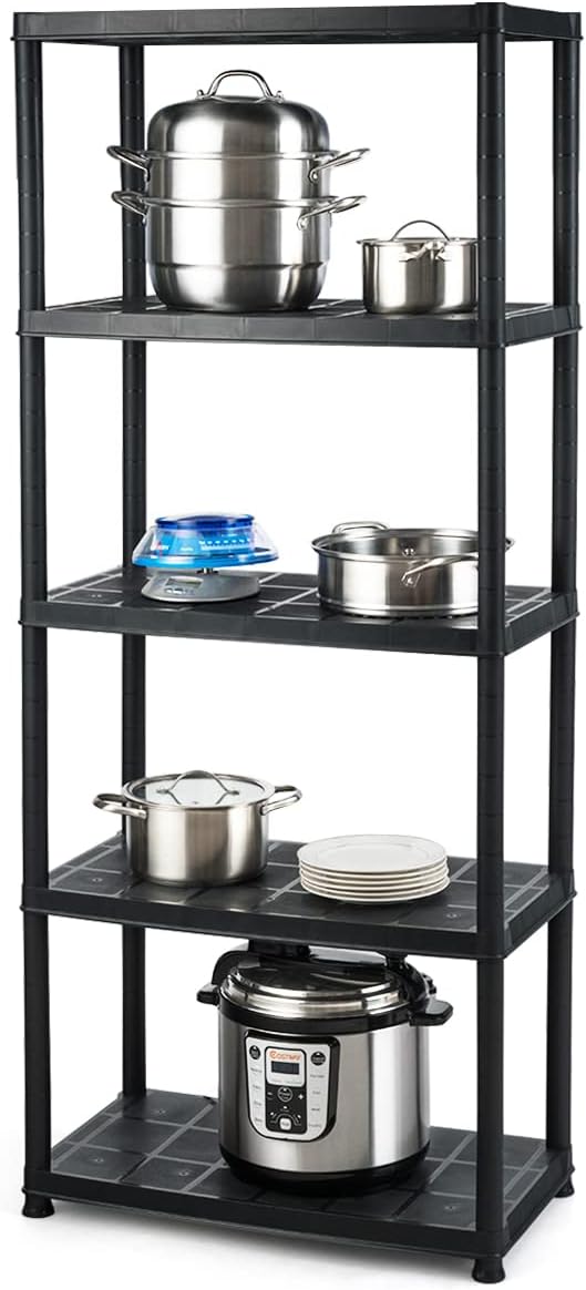 IRONMAX 5-Tier Plastic Shelving Unit, Multi-Purpose Shelf Rack, No Tools Required, Free Standing Storage Shelves for Garage Basement Kitchen, Black (2, 33.5“L X 16”W X 73“H)