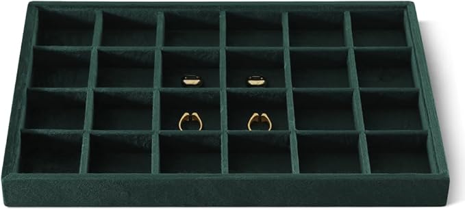 Velvet Stackable Jewelry Display Tray, 24 Grid Earring Ring Storage Tray, Drawer Divider Jewelry Accessories Organizer Plate (Green)