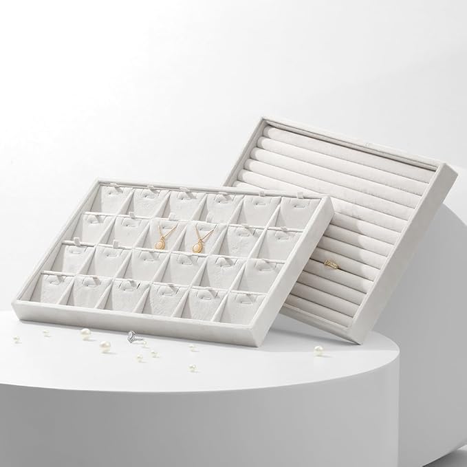 Velvet Necklace Display Tray, Stackable 24 Grid Insert Pendant Necklaces Storage Holder Plate, Jewelry Retail Countertop Organizer (White)