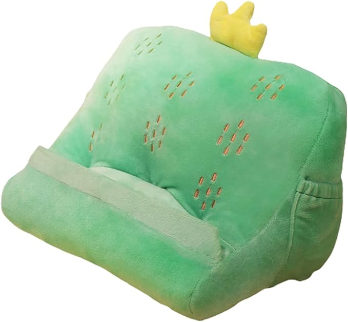Dpofirs Pillow Tablet Stand, Soft Plush Tablet Holder with Storage Pockets for Kids, Compatible with pads Tablet Phone, Sturdy Fluffy Cushion for Home Travel School Birthday Christmas (green)