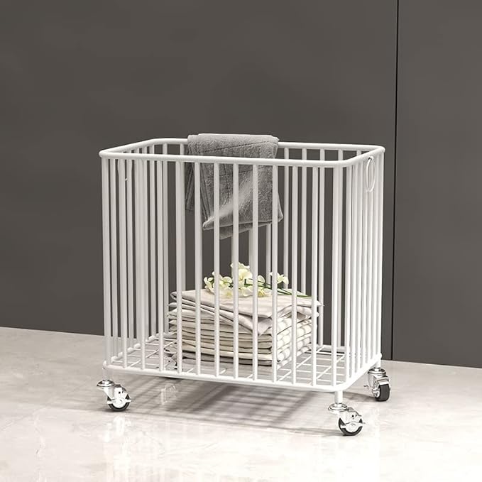Easyars Laundry Basket with Wheels,Large-size Metal Rolling Laundry Organizer Basket Cart,Clothes or Linen Storage Organizer Bin for Living Room,Bathroom,Closet or Children Bedroom,White