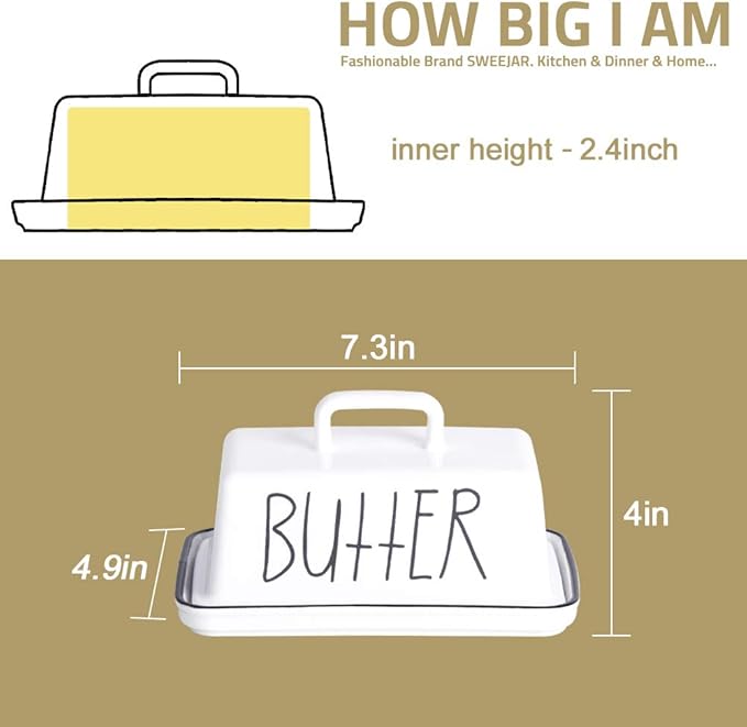 Sweejar Ceramic Butter Dish with Handle Lid, 7.3 Inch Porcelain Large Butter Keeper with Cover, Perfect for East/West Butter (Orange)