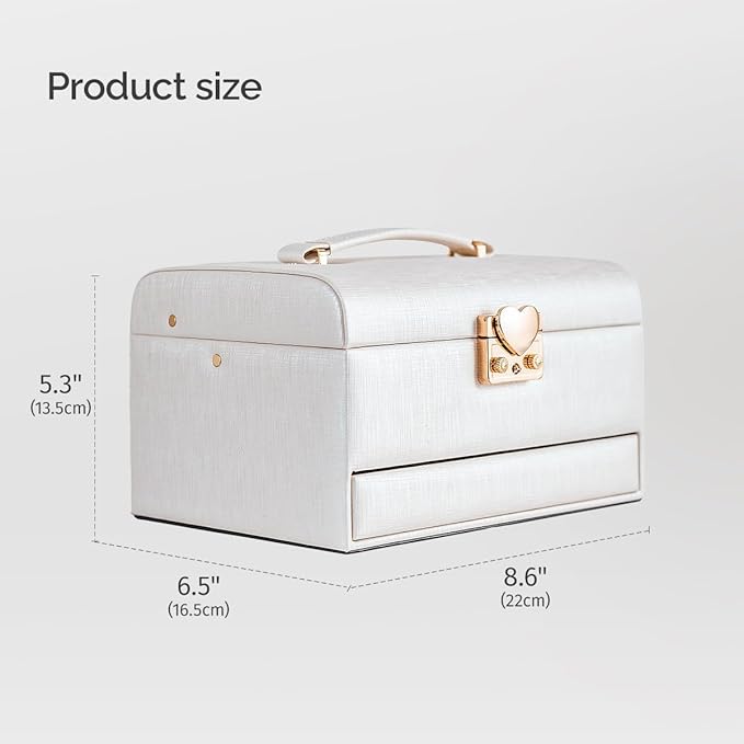 CASEGRACE Jewelry Box,3 Layers Leather Jewelry Storage Box with Lock, Mirror,Jewelry Storage Case for Necklaces Earrings Bracelets and Rings
