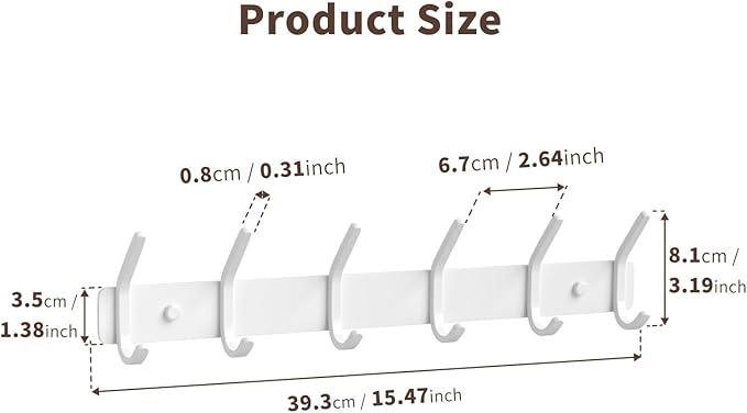 Coat Rack Wall Mount Hooks - 15 Inch Matte White Metal 6-Hook Organizer Wall Mounted, Modern Kids Room, Entryway & Bathroom Hanger for Beach Towels, Coats, Purses, Bags (1 Pack)