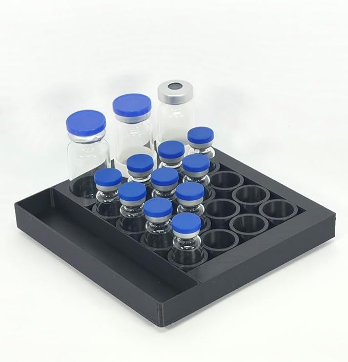 Vial Organizer for Refrigerator Use | Home Vial Organizer Tray for Peptide– 5"x5"x0.75", Lightweight (8g) (Black)