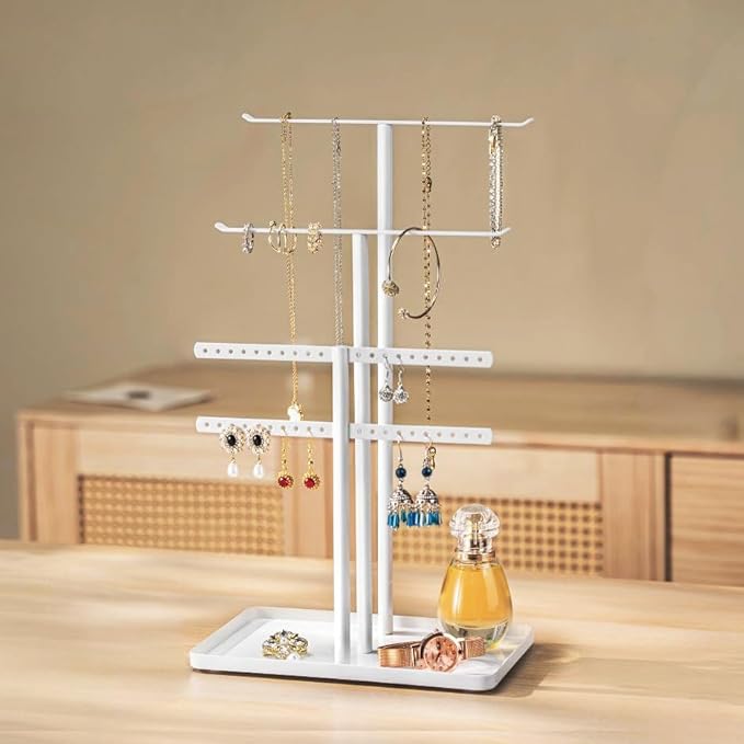 Jewelry Stand Organizer for Necklace Earring - 14.5" Sturdy Metal, 3-TierJewelry Holder for Bracelet, Ring Display and Storage, White