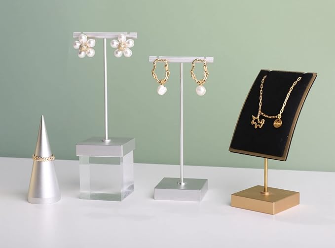 GemeShou 2pcs metal earring holder, Silver T bar earring display stand, mini hangers for earrings Jewelry Photography, earring storage organizer【Silver-Square Base 2pcs Height 4.3 and 5.1 inch】