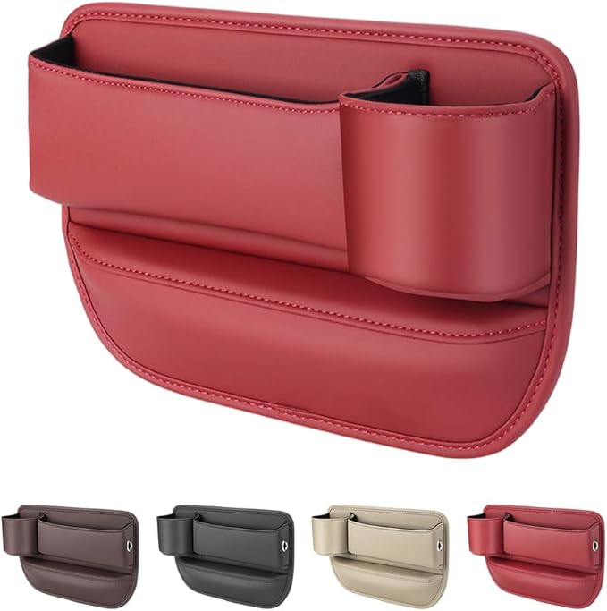 Car Leather Cup Holder Gap Bag,2025 Upgrade Car Storage Box with Cup Holder,Seat Storage Box Gap Filler Organizer for Glasses Phone Keys and Cards (Red, Passenger Seat)