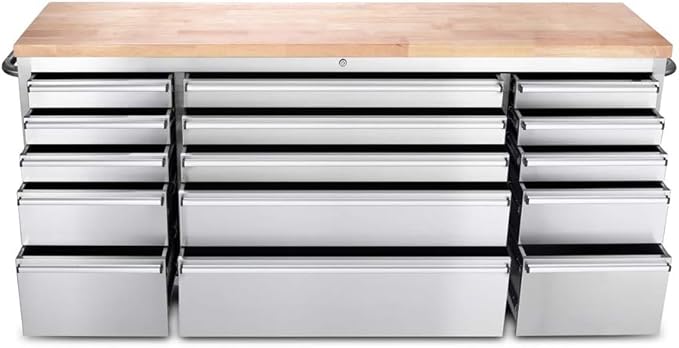 72" Stainless Steel Rolling Tool Chest with 15 Drawers, Lockable Storage Cabinet, Mobile Workbench, Assembled Large Tool Box with Wheels for Garage Workshop (1 × HTC7215W1)