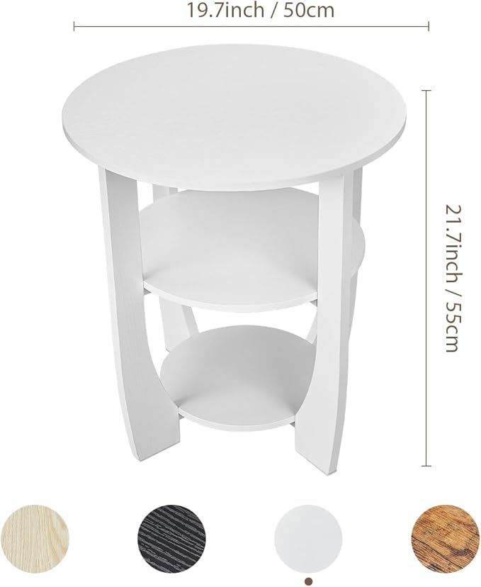 White Round Side Table, 3-Tier End Table with Storage Shelves, Modern Farmhouse Nightstand for Bedroom, Living Room, Nursery & Small Spaces,19.7" D x 21.7" H
